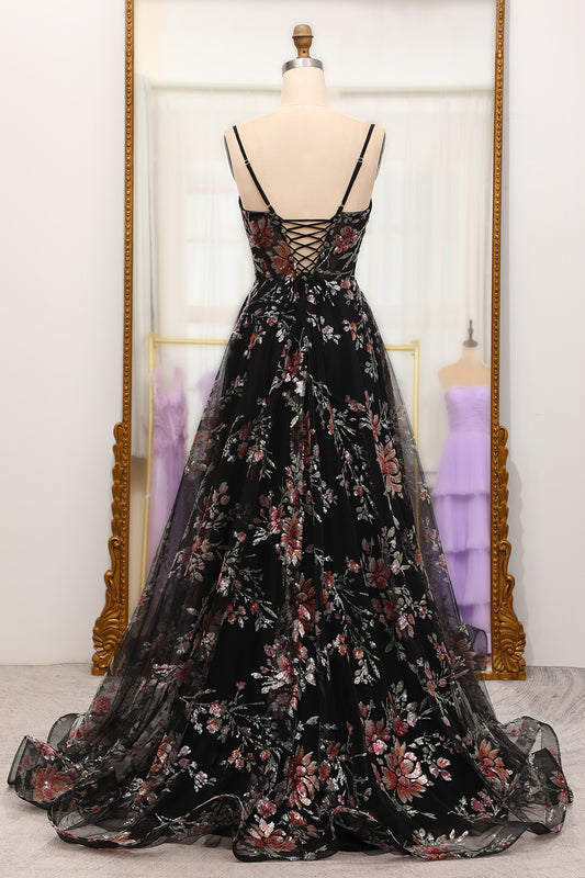 A Line Black Floral Spaghetti Straps Printed Long Prom Dress