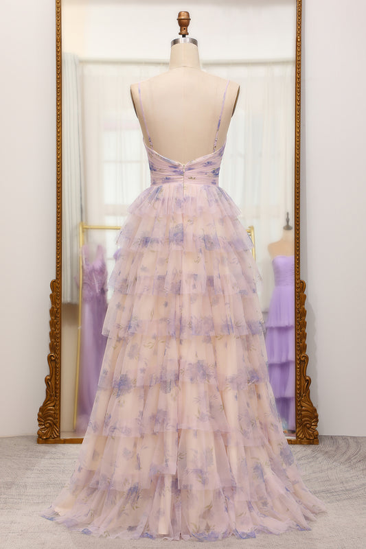 A Line Lavender Tulle Floral Printed Prom Dress