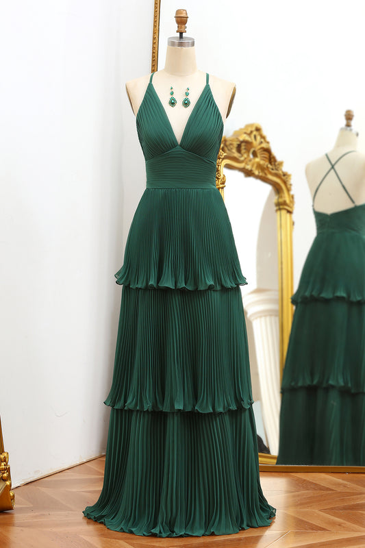 Dark Green Tiered V-Neck Spaghetti Straps Prom Dress