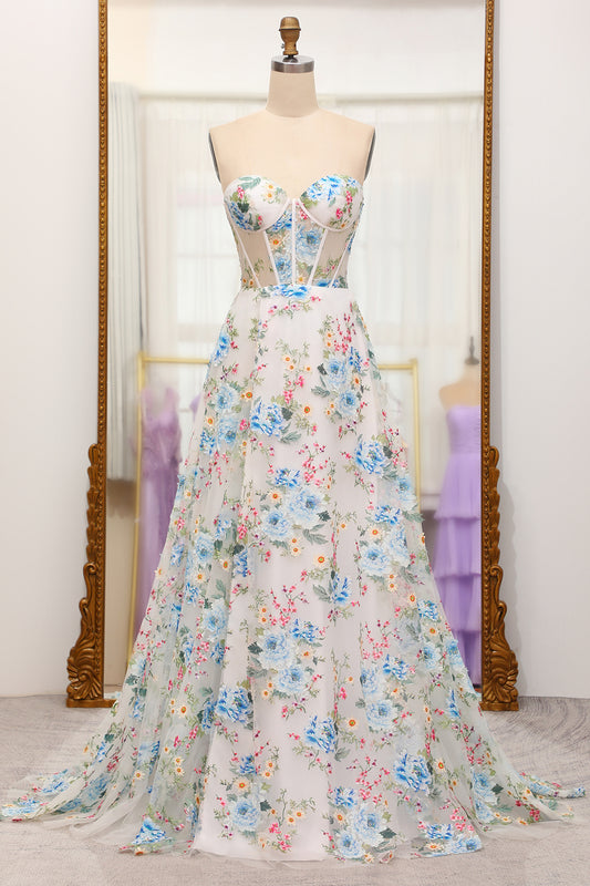 A-line Strapless Ivory Floral Long Prom Dress