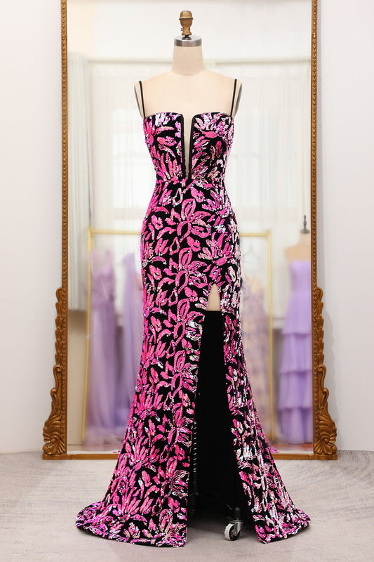 Fuchsia Black Sequins Spaghetti Straps Long Prom Dress