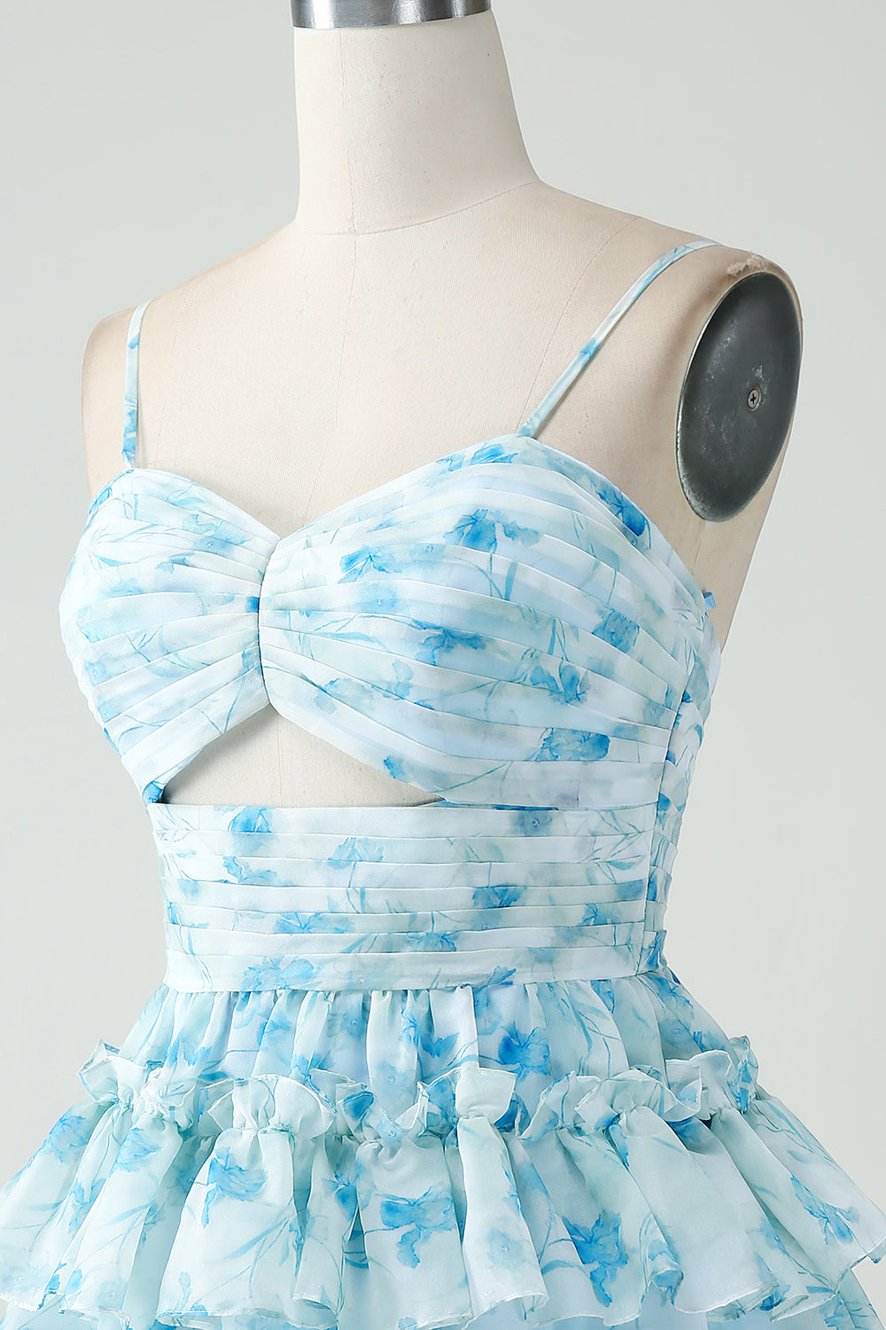 A-Line Spaghetti Straps Tiered Blue Floral Short Homecoming Dress