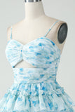 A-Line Spaghetti Straps Tiered Blue Floral Short Homecoming Dress