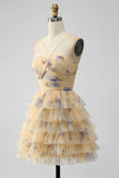 Yellow A Line Halter Tiered Short Tulle Homecoming Dress