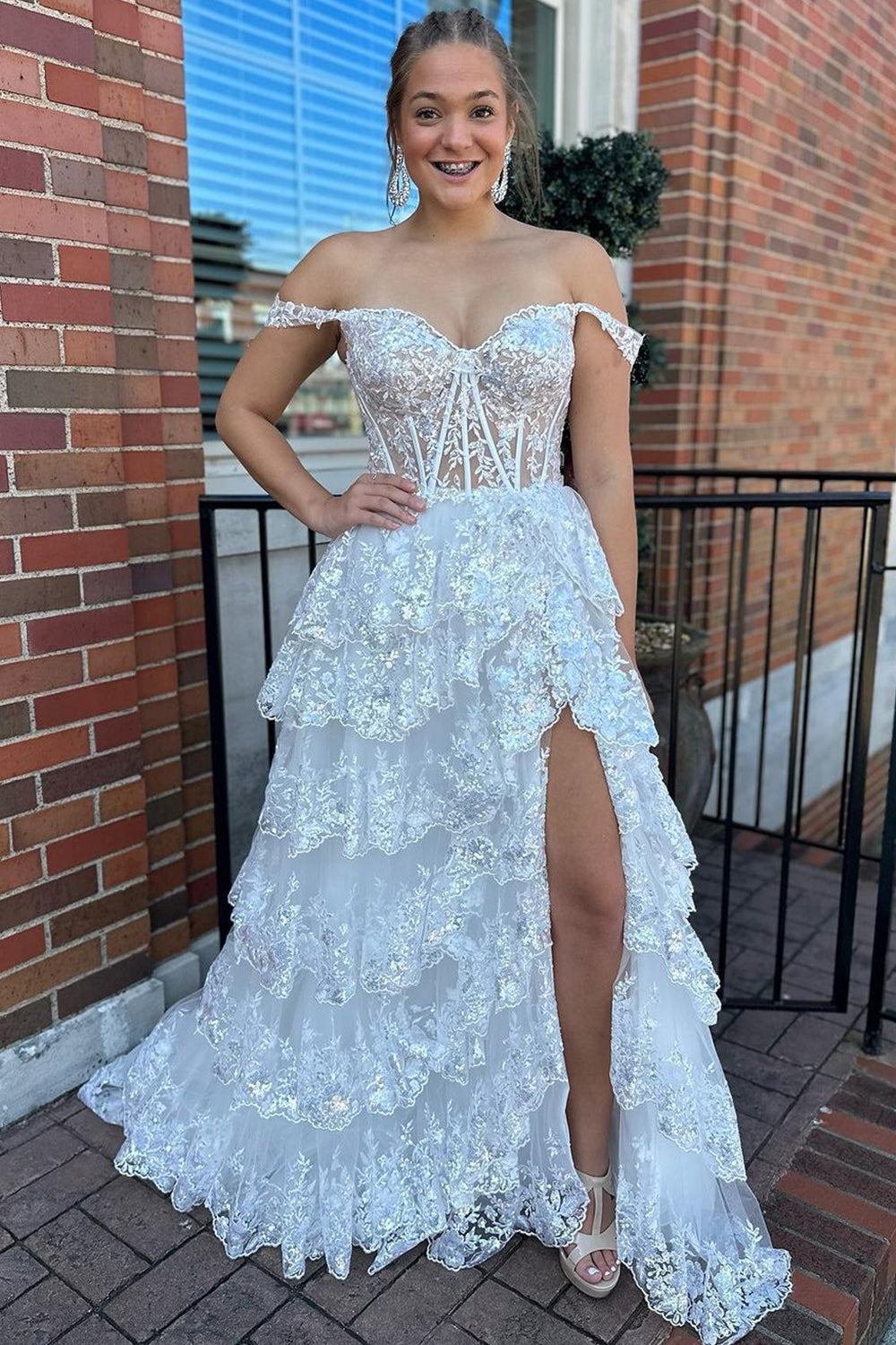 Off The Shoulder Golden Tulle Tiered Prom Dress