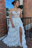 Off the Shoulder Grey Sparkly Tiered Prom Dress with Slit