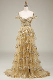 Off The Shoulder Golden Tulle Tiered Prom Dress