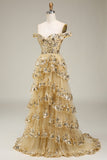 Off The Shoulder Golden Tulle Tiered Prom Dress