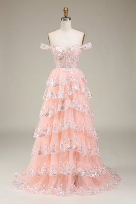 Off The Shoulder Blush Tulle Tiered Prom Dress