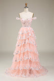 Off The Shoulder Blush Tulle Tiered Prom Dress