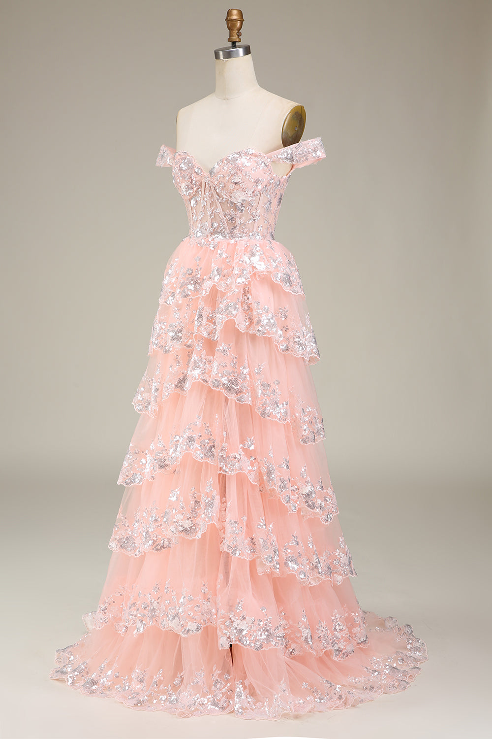 Off The Shoulder Blush Tulle Tiered Prom Dress