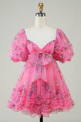 Floral Printed A-Line Tulle Hot Pink Homecoming Dress with Puff Sleeves