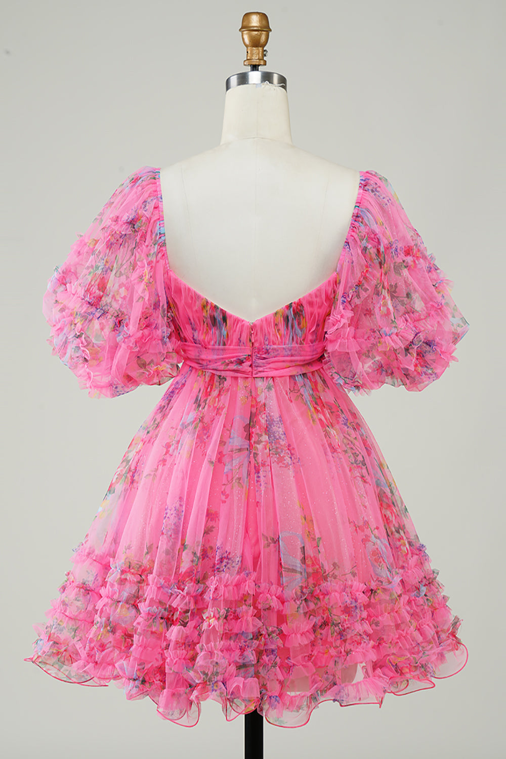 Floral Printed A-Line Tulle Hot Pink Homecoming Dress with Puff Sleeves