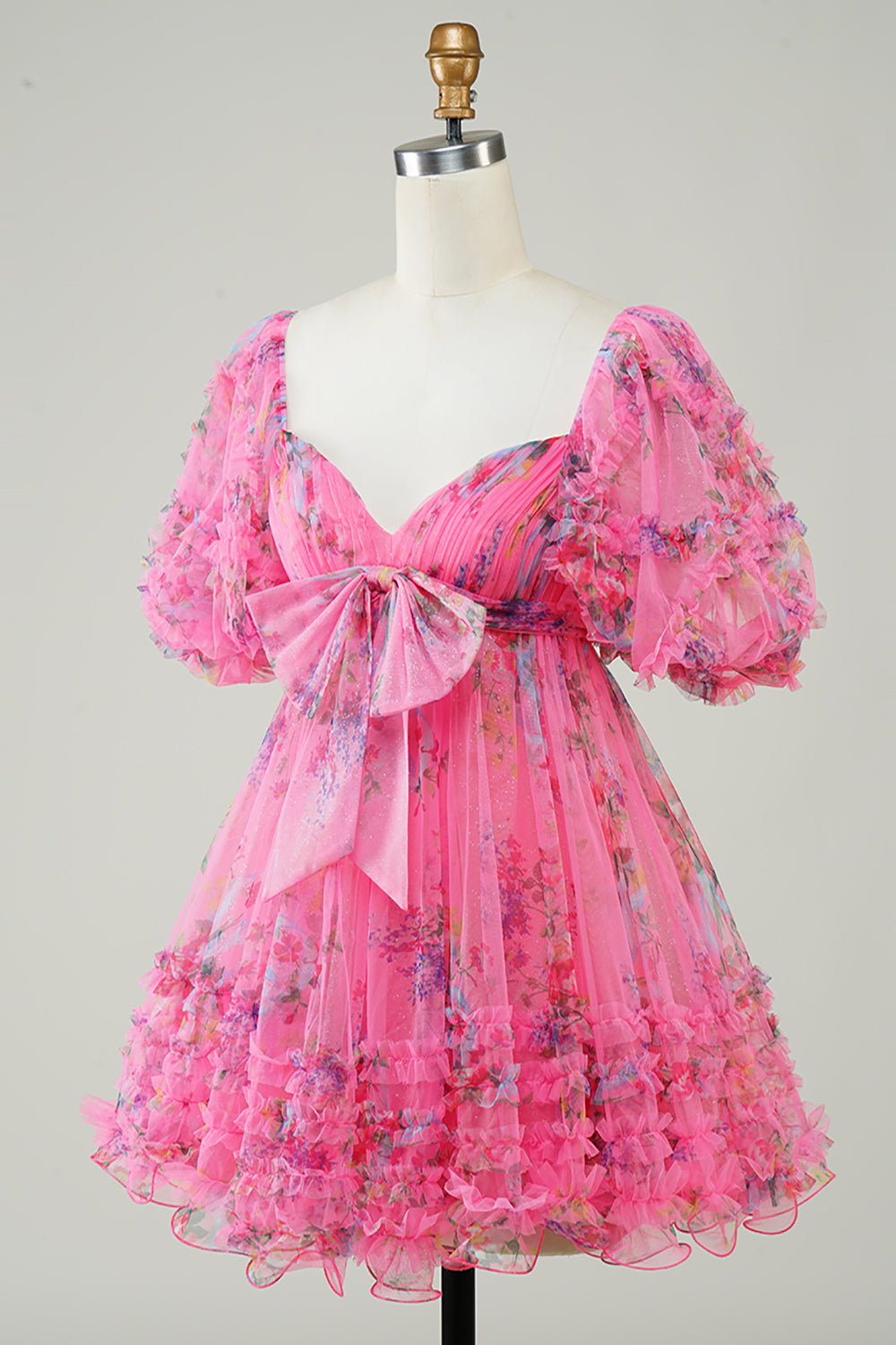 Floral Printed A-Line Tulle Hot Pink Homecoming Dress with Puff Sleeves