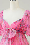 Floral Printed A-Line Tulle Hot Pink Homecoming Dress with Puff Sleeves