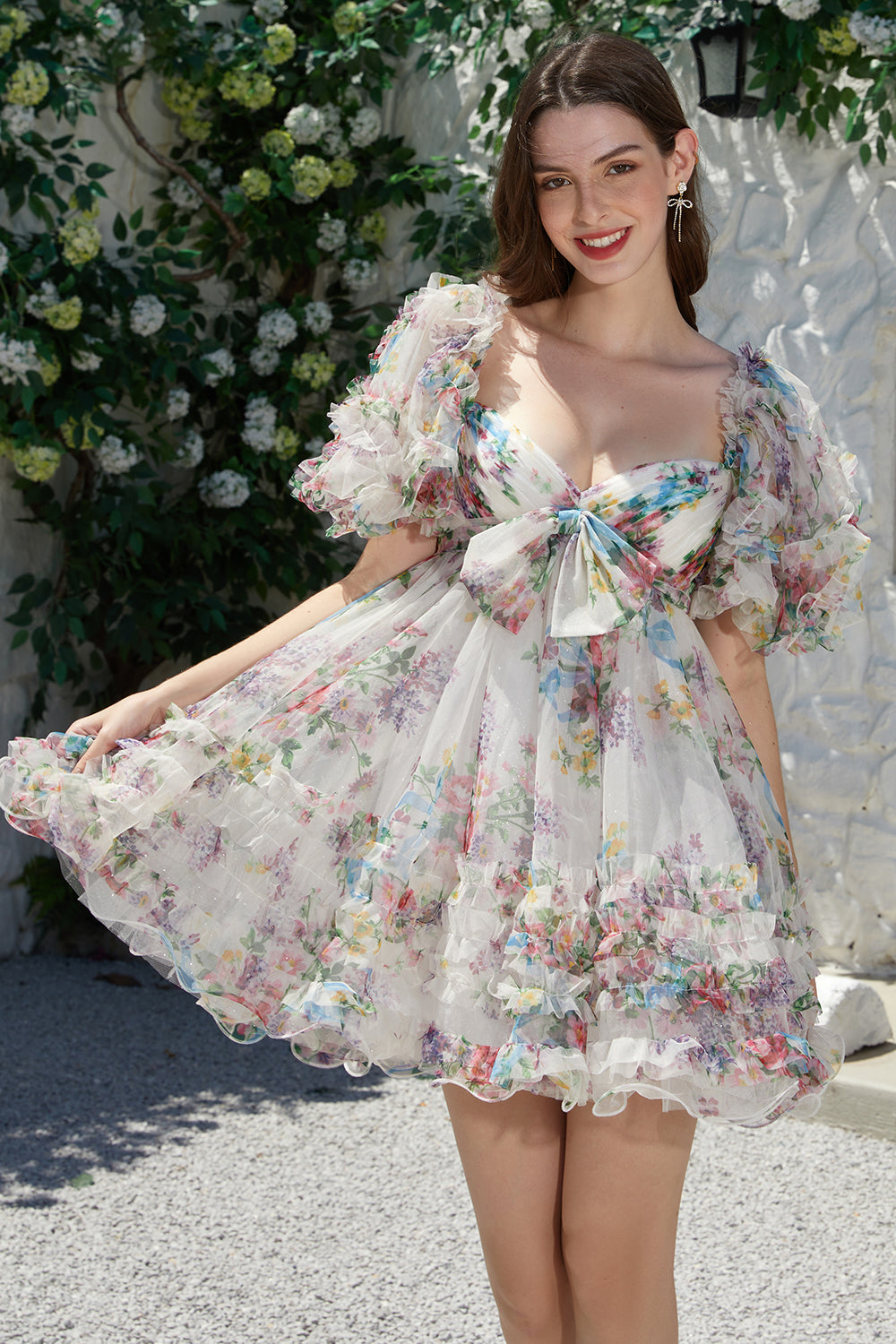 Floral Printed Ivory A-Line Tulle Homecoming Dress with Puff Sleeves