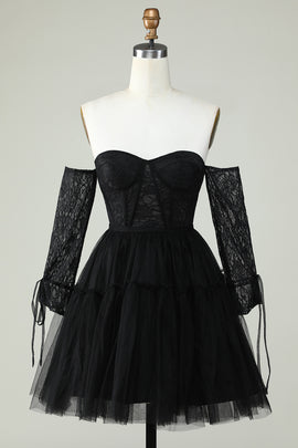 Off the Shoulder A Line Black Corset Homecoming Dress with Lace Long Sleeves