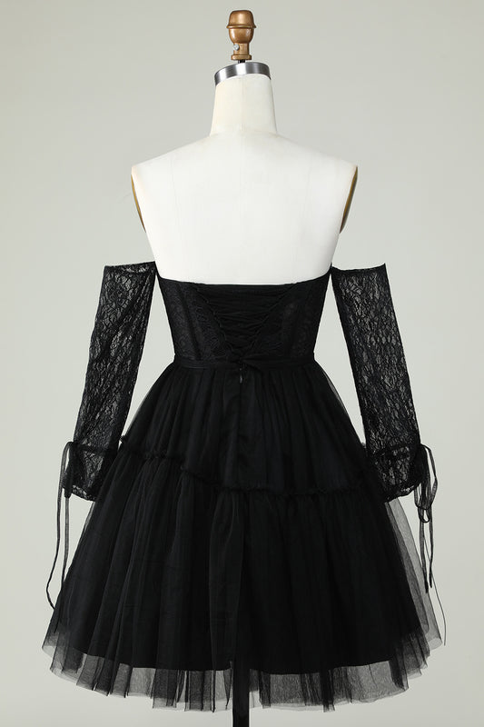 Off the Shoulder A Line Black Corset Homecoming Dress with Lace Long Sleeves