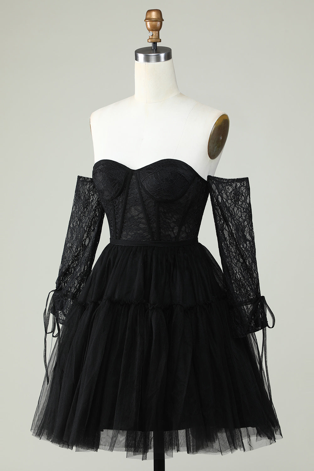 Off the Shoulder A Line Black Corset Homecoming Dress with Lace Long Sleeves