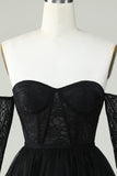 Off the Shoulder A Line Black Corset Homecoming Dress with Lace Long Sleeves