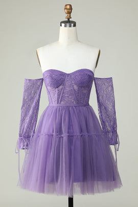 Off the Shoulder A Line Purple Corset Homecoming Dress with Lace Long Sleeves