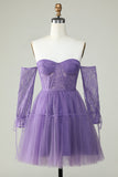 Off the Shoulder A Line Purple Corset Homecoming Dress with Lace Long Sleeves