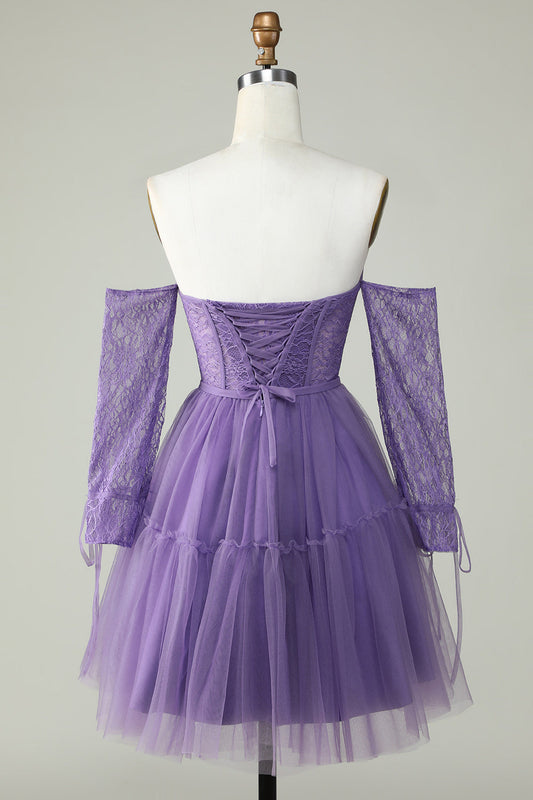 Off the Shoulder A Line Purple Corset Homecoming Dress with Lace Long Sleeves