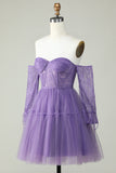 Off the Shoulder A Line Purple Corset Homecoming Dress with Lace Long Sleeves