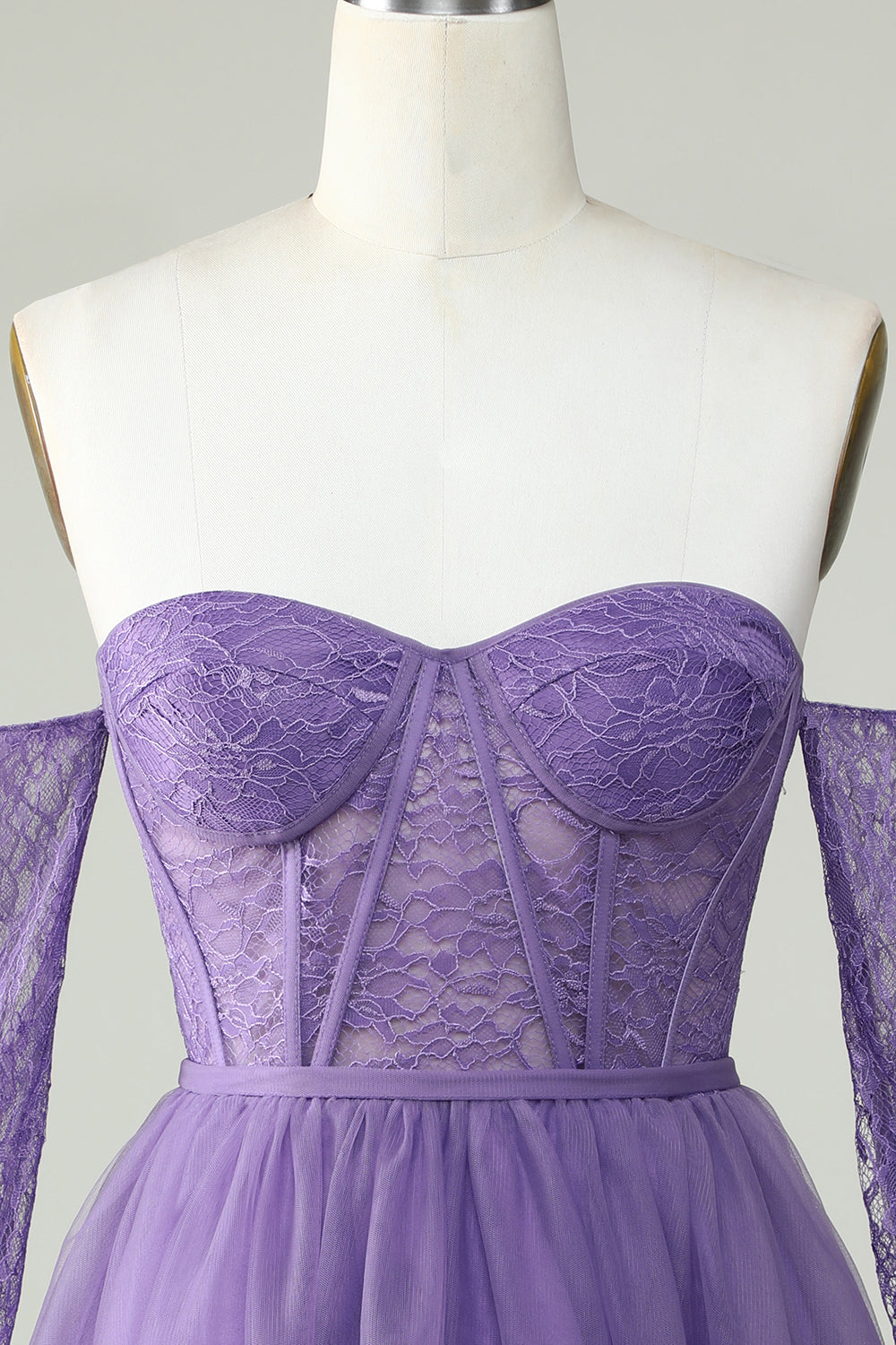 Off the Shoulder A Line Purple Corset Homecoming Dress with Lace Long Sleeves