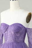 Off the Shoulder A Line Purple Corset Homecoming Dress with Lace Long Sleeves