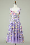 A-Line Corset Purple Knee-Length Prom Dress with 3D Flowers