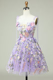 A-Line Corset Purple Homecoming Dress with 3D Flowers