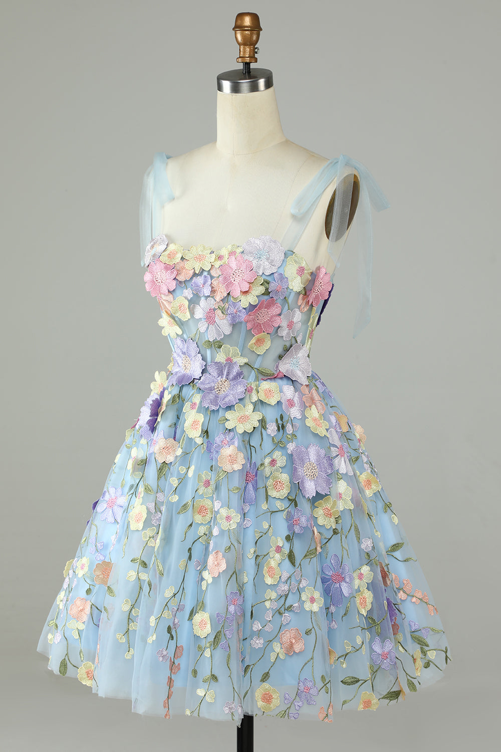 Blue A-Line Corset Homecoming Dress with 3D Flowers