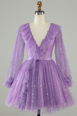 Long Sleeves Purple Sparkly Homecoming Dress with Stars Sequins