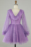 Long Sleeves Purple Sparkly Homecoming Dress with Stars Sequins