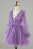 Long Sleeves Purple Sparkly Homecoming Dress with Stars Sequins