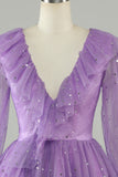 Long Sleeves Purple Sparkly Homecoming Dress with Stars Sequins