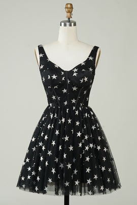 Black A Line Tulle Homecoming Dress with Stars