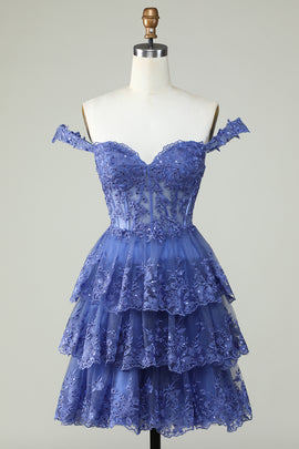 Off the Shoulder Blue Corset Homecoming Dress with Appliques