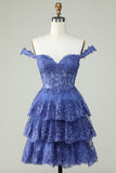 Off the Shoulder A Line Lavender Corset Tiered Homecoming Dress with Lace