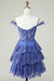 Off the Shoulder Blue Corset Homecoming Dress with Appliques