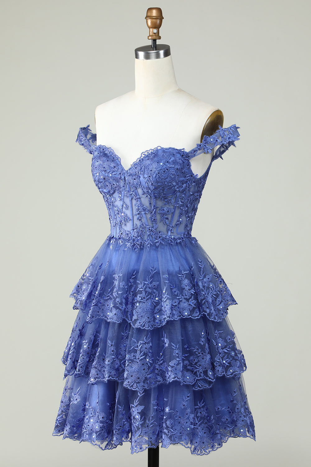 Off the Shoulder Blue Corset Homecoming Dress with Appliques