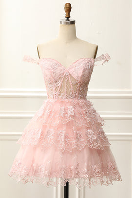 Off the Shoulder Pink Corset Homecoming Dress with Appliques