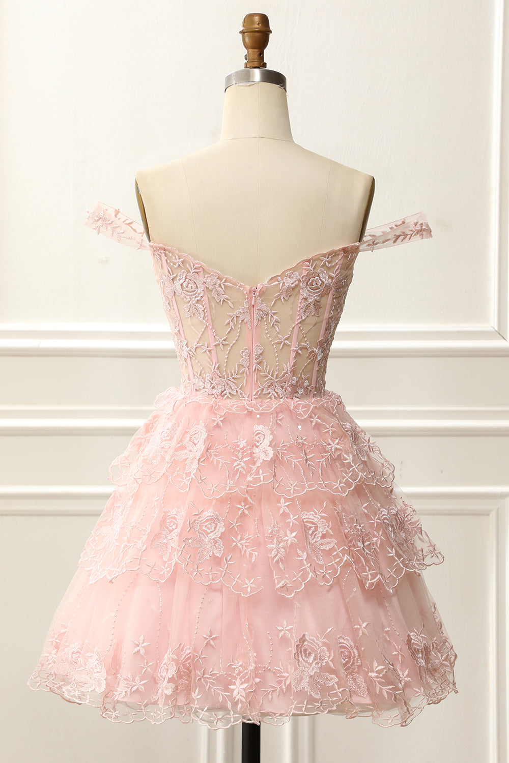 Off the Shoulder Pink Corset Homecoming Dress with Appliques