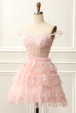 Off the Shoulder Pink Corset Homecoming Dress with Appliques