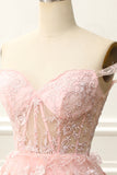 Off the Shoulder Pink Corset Homecoming Dress with Appliques