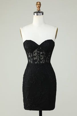 Black Strapless Tight Homecoming Dress with Appliques