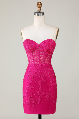 Hot Pink Strapless Tight Homecoming Dress with Appliques