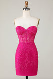 Hot Pink Strapless Tight Homecoming Dress with Appliques