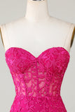 Hot Pink Strapless Tight Homecoming Dress with Appliques